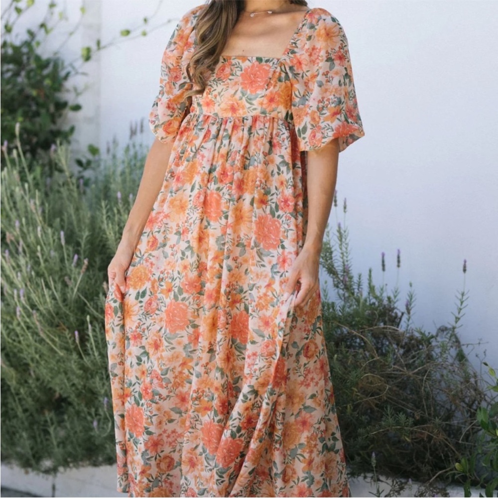 Morning Lavender Women’s Orange Floral Puff Sleeve Baby DollMaxi Dress Size 1XL - Picture 2 of 14
